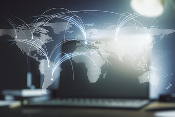 Double exposure of abstract digital world map with connections on laptop background, research and strategy concept