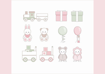 Baby shower set with little baby girl or boy, decor, furniture, toys, and accessories for newborn.