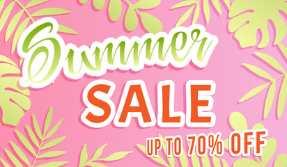 Summer Sale Banner. Palm tree leaves on pink background.