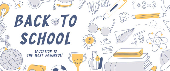 Welcome back to school vector background. Cute hand drawn wallpaper with school stuffs, objects, book, pencil, pen in doodle style. Adorable banner design for education, prints, covers, kids.