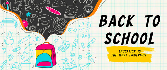 Welcome back to school vector background. Cute hand drawn wallpaper with school stuffs, objects, book, pencil, pen in doodle style. Adorable banner design for education, prints, covers, kids. - obrazy, fototapety, plakaty