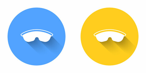 White Safety goggle glasses icon isolated with long shadow background. Circle button. Vector