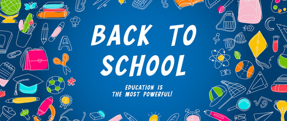 Welcome back to school vector background. Cute hand drawn wallpaper with school stuffs, objects, book, pencil, pen in doodle style. Adorable banner design for education, prints, covers, kids. - obrazy, fototapety, plakaty