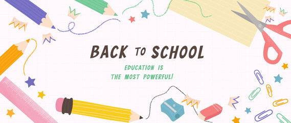 Welcome back to school vector background. Cute hand drawn wallpaper with school stuffs, objects, book, pencil, pen in doodle style. Adorable banner design for education, prints, covers, kids. © TWINS DESIGN STUDIO