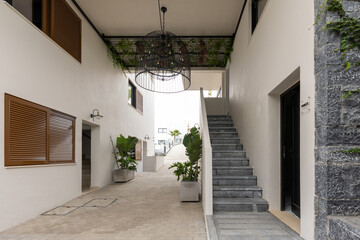 Empty hotel resort with stone walls