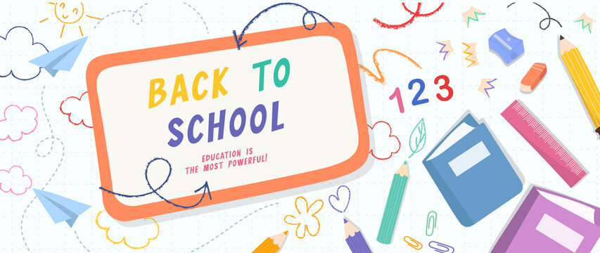 Welcome back to school vector background. Cute hand drawn wallpaper with school stuffs, objects, book, pencil, pen in doodle style. Adorable banner design for education, prints, covers, kids.