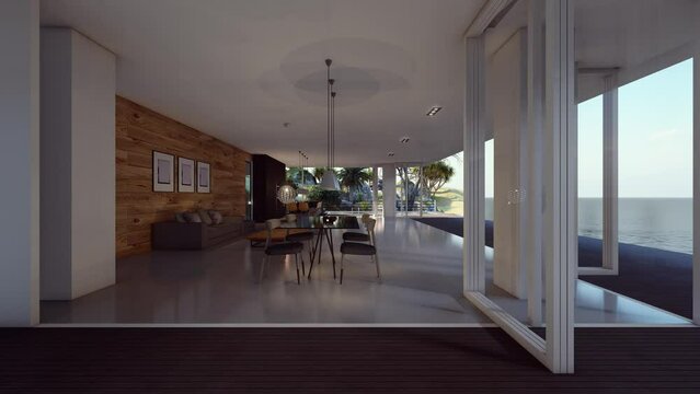 interior of luxury modern house view from outdoor 3d animation
