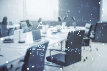 Scientific formula illustration on a modern furnished classroom background, science and research...