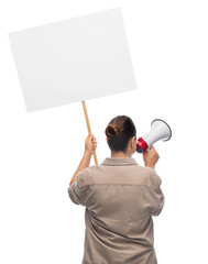 feminism and human rights concept - woman with poster and megaphone protesting on demonstration...