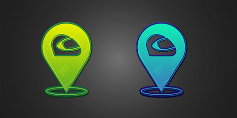 Green and blue Racing helmet icon isolated on black background. Extreme sport. Sport equipment. Vector