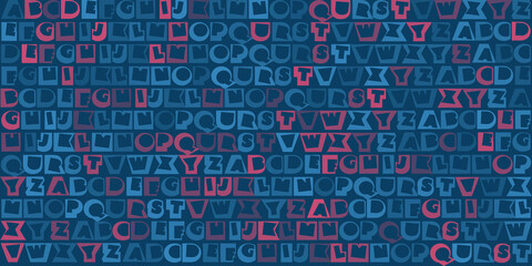 Rows of Colorful Art Deco Style Bold Fonts,Random Letters of the Alphabet - Pattern, Texture on Dark Wide Scale Blue Background, Design Element for Web or Book Covers in Editable Vector Format