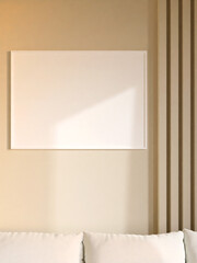 Modern and minimalist horizontal white poster or photo frame mockup on the wall in the living room. 3d rendering.