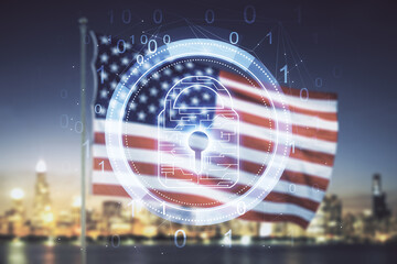 Virtual creative lock illustration with microcircuit on USA flag and blurry skyscrapers background,...