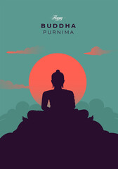 Happy Buddha Purnima, Vesak Day wishes greetings with a buddha vector silhouette. Can be used for posters, banners, greetings, and print design. 