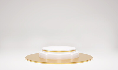 Blank podium for product, luxury gold circle. Mock up winner podium cylinder block, 3d render illustration, pedestal isolated on white background,  abstract minimal concept 