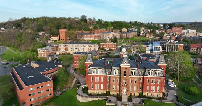 Woodburn Hall And West Virginia University Downtown Campus Buildings. WVU College Life Establishing Aerial Shot.