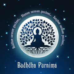 Poster of Happy Buddha Purnima Vesak Lord Buddha in Meditation under Tree at beautiful Moon Light coming from Back, Full Moon Night