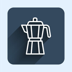 White line Coffee maker moca pot icon isolated with long shadow background. Blue square button. Vector