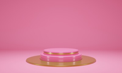 Blank podium for product, luxury gold circle. Mock up winner podium cylinder block, 3d render illustration, pedestal isolated on pink grey   background, abstract minimal concept 