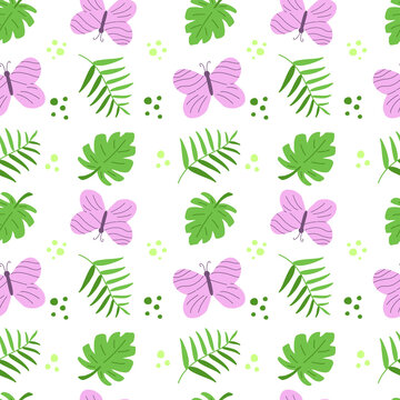 Pink butterfly seamless pattern with monstera and palm leaf. Colorful cartoon vector repeat background. Hand drawn spring summer design element. Digital paper, wrapping fabric, skinny tumbler