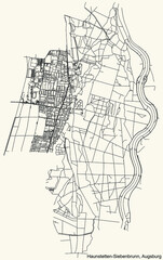 Detailed navigation black lines urban street roads map of the HAUNSTETTEN-SIEBENBRUNN BOROUGH of the German regional capital city of Augsburg, Germany on vintage beige background