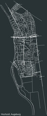 Detailed negative navigation white lines urban street roads map of the HOCHZOLL BOROUGH of the German regional capital city of Augsburg, Germany on dark gray background