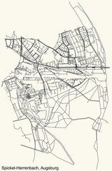 Detailed navigation black lines urban street roads map of the SPICKEL-HERRENBACH BOROUGH of the German regional capital city of Augsburg, Germany on vintage beige background