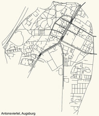Fototapeta na wymiar Detailed navigation black lines urban street roads map of the ANTONSVIERTEL BOROUGH of the German regional capital city of Augsburg, Germany on vintage beige background