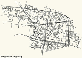 Fototapeta na wymiar Detailed navigation black lines urban street roads map of the KRIEGSHABER BOROUGH of the German regional capital city of Augsburg, Germany on vintage beige background