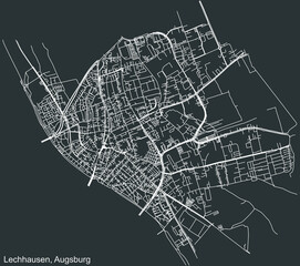 Detailed negative navigation white lines urban street roads map of the LECHHAUSEN BOROUGH of the German regional capital city of Augsburg, Germany on dark gray background