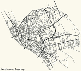 Detailed navigation black lines urban street roads map of the LECHHAUSEN BOROUGH of the German regional capital city of Augsburg, Germany on vintage beige background