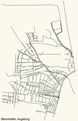 Detailed navigation black lines urban street roads map of the BÄRENKELLER BOROUGH of the German regional capital city of Augsburg, Germany on vintage beige background