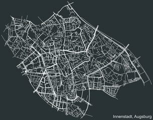 Detailed negative navigation white lines urban street roads map of the INNENSTADT BOROUGH of the German regional capital city of Augsburg, Germany on dark gray background