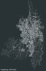 Detailed negative navigation white lines urban street roads map of the German regional capital city of AUGSBURG, GERMANY on dark gray background