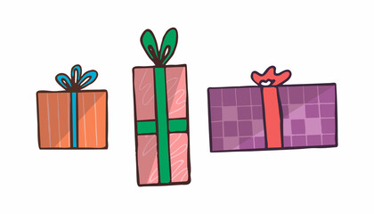 Three gift boxes with ribbons. Orange, pink and purple