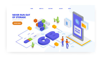 Never run out of storage, landing page design, website banner vector template. Get free 10gb data.