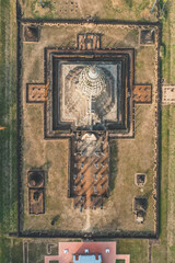 Aerial view of Wat Phra Sri Rattana Mahathat Rajaworaviharn temple and buddha in Si Satchanalai historical park, Thailand