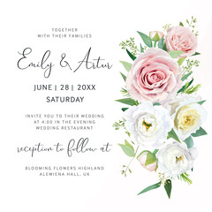 Tender vector wedding invite save the date card. Watercolor muted pink, light yellow garden rose flowers, eustoma, ranunculus, seeded eucalyptus, greenery leaves bouquet. Elegant editable illustration