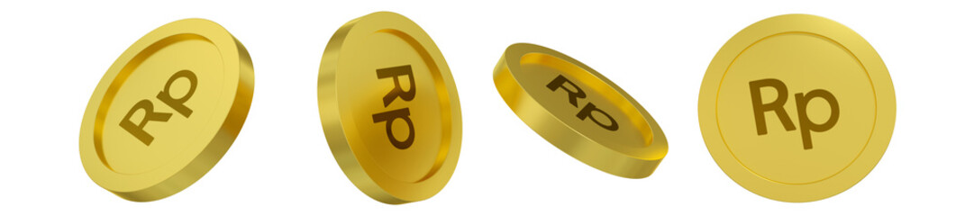 3D rendering of Indonesian rupiah coin concept in different angles. rupiah sign design isolated on white background