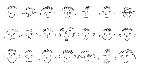 Fototapeta na wymiar Sketch Funny Faces emotions collection. Childish crayon style drawing different people heads. 