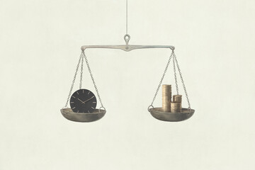 Illustration of comparison between time and money, surreal business concept - obrazy, fototapety, plakaty