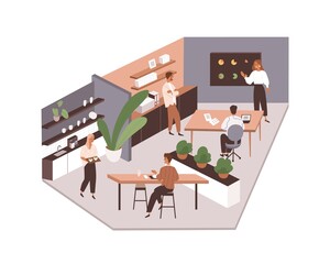 Office life with employees at kitchen and work area. People at meeting and dining tables in company, agency interior. Colleagues communication. Flat vector illustration isolated on white background