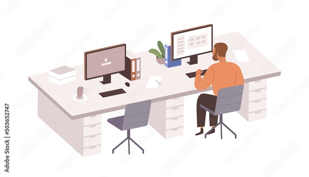 Poster Office workplace with empty chair of absent employee and person working at computer, staying at work alone, replacing colleague left for break. Flat vector illustration isolated on white background