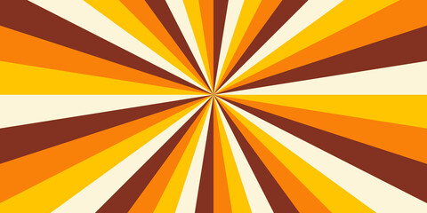 Retro horizontal background with bright rays in the center. Sunburst in warm yellow, orange and brown colors. Vector illustration