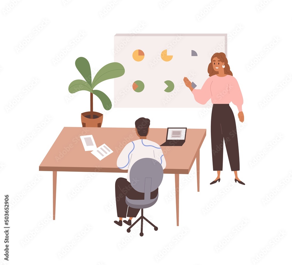 Aufkleber Work communication in office. Employee at board during business presentation with charts, showing report, presenting graph results on whiteboard. Flat vector illustration isolated on white background