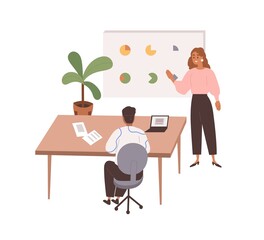 Work communication in office. Employee at board during business presentation with charts, showing report, presenting graph results on whiteboard. Flat vector illustration isolated on white background