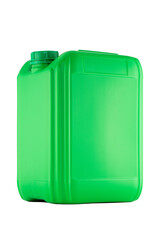 Green plastic canister with lid isolated on a white background. Image from an angle. Jerrycan with liquid substance. Image of disinfectant, detergent or lubrication product
