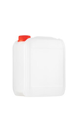 Canister with a liquid substance. White plastic jerrycan with red lid isolated on a white...