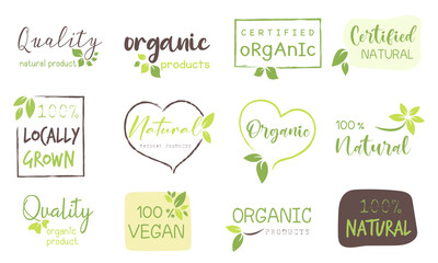 Set of logo, stickers and badges for organic food and drink, natural products, healthy life, food store and product promotion.