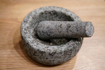Granite pestle and mortar in a kitchen 